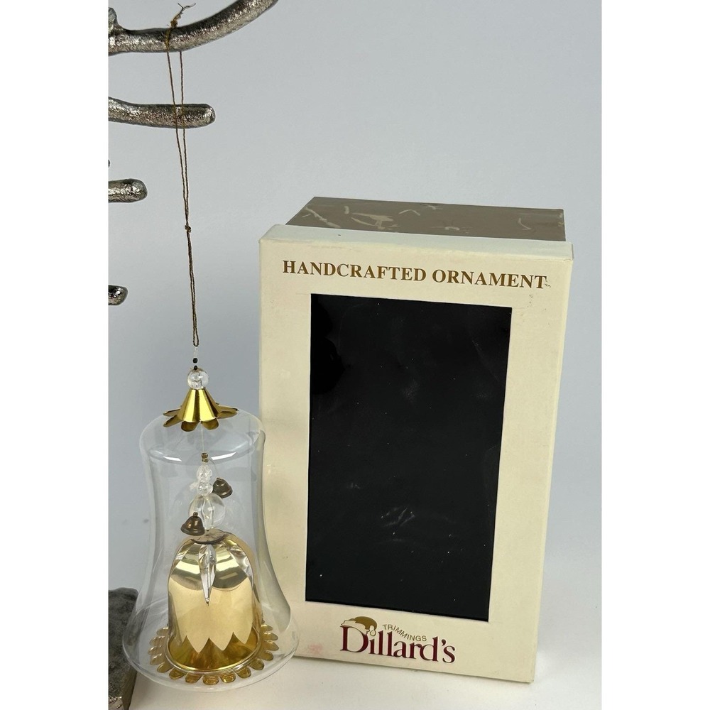 Dillard's Trimmings Glass Snowman Bell Gold Christmas Ornament 5" Box